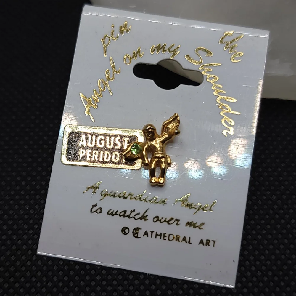 Vintage Angel on My Shoulder Pin August Birth Stone Peridot Guardian Angel